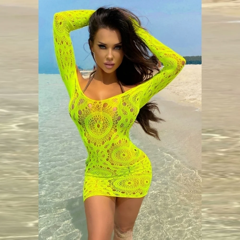 NWT WILD SPIRIT YELLOW NEON ULTRA STRETCH SWIM COVER UP DRESS